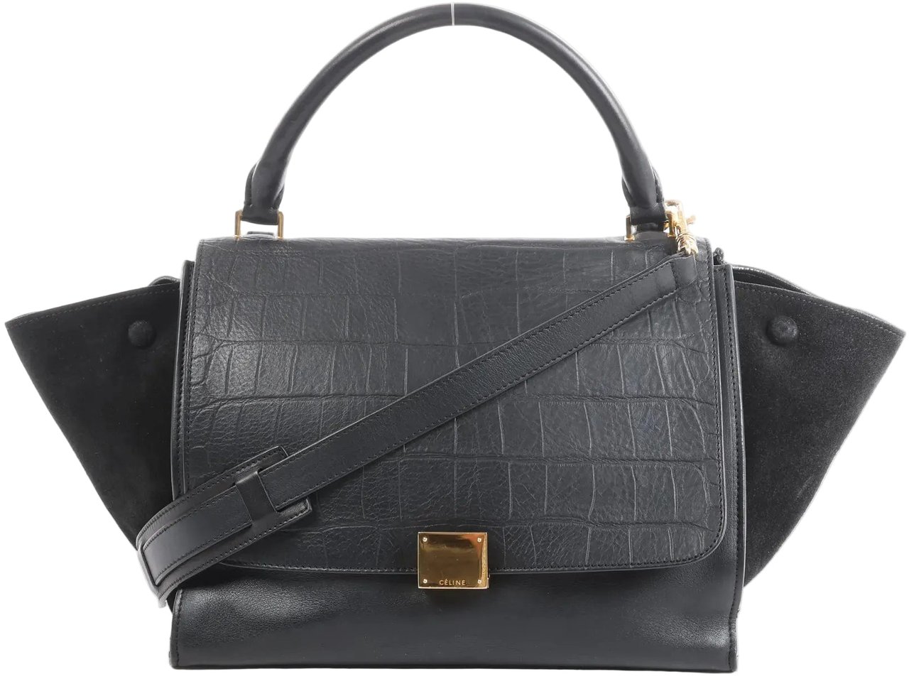 Celine CELINE Trapeze Croc Embossed Leather x Suede 2Way Handbag in Black Zwart