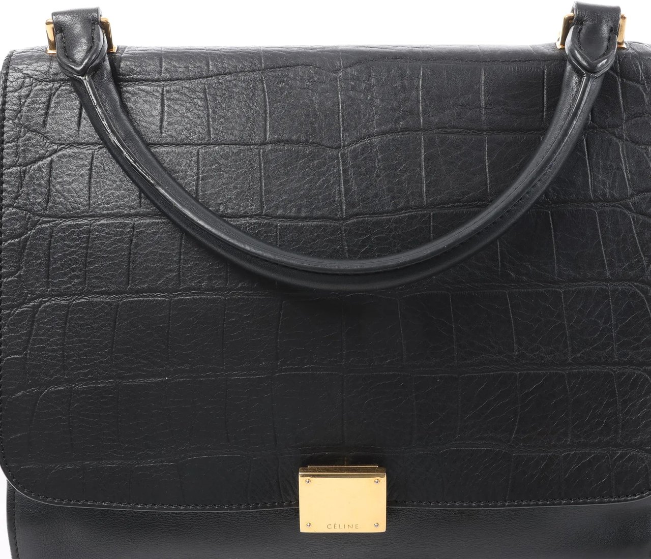 Celine CELINE Trapeze Croc Embossed Leather x Suede 2Way Handbag in Black Zwart