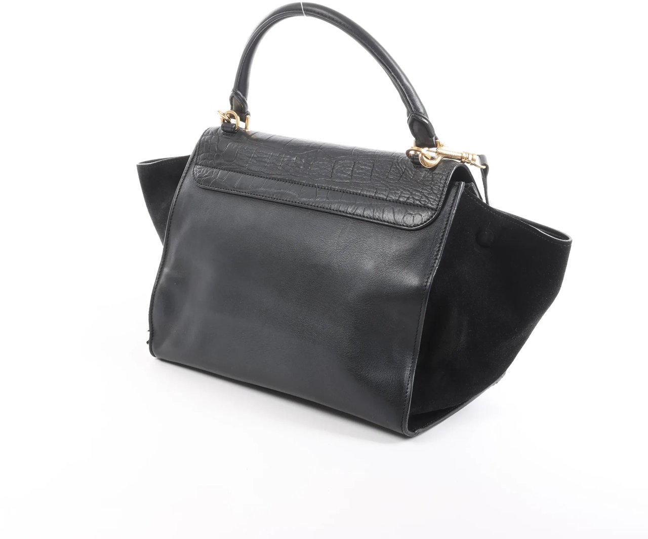 Celine CELINE Trapeze Croc Embossed Leather x Suede 2Way Handbag in Black Zwart