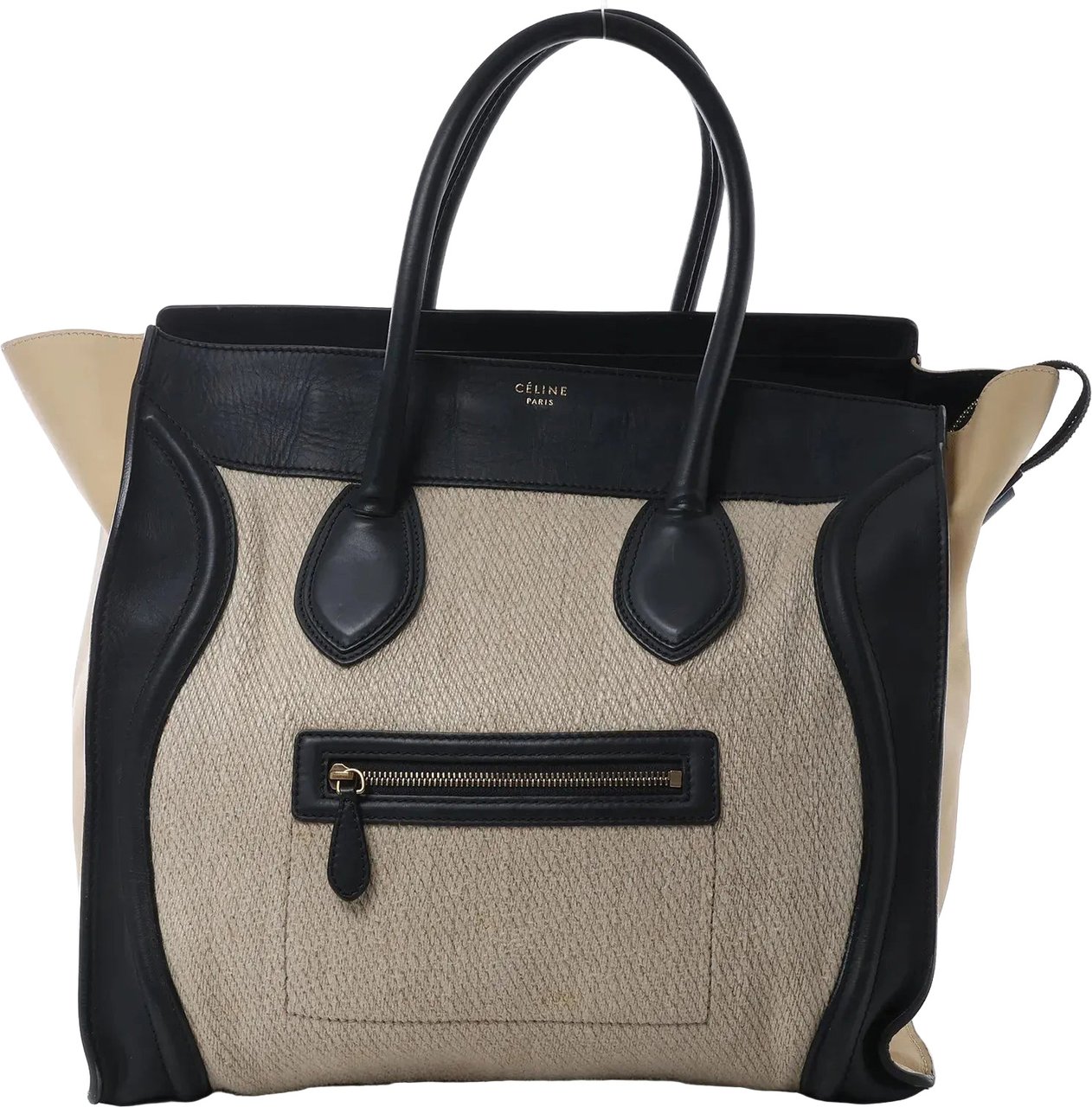 Celine Luggage Large Canvas & Leather Handbag in Beige x Black Beige