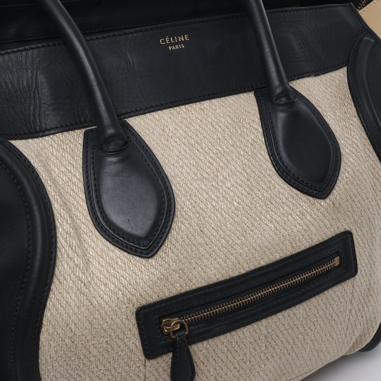 Celine Luggage Large Canvas & Leather Handbag in Beige x Black Beige