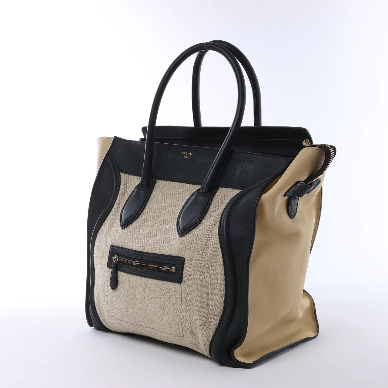 Celine Luggage Large Canvas & Leather Handbag in Beige x Black Beige