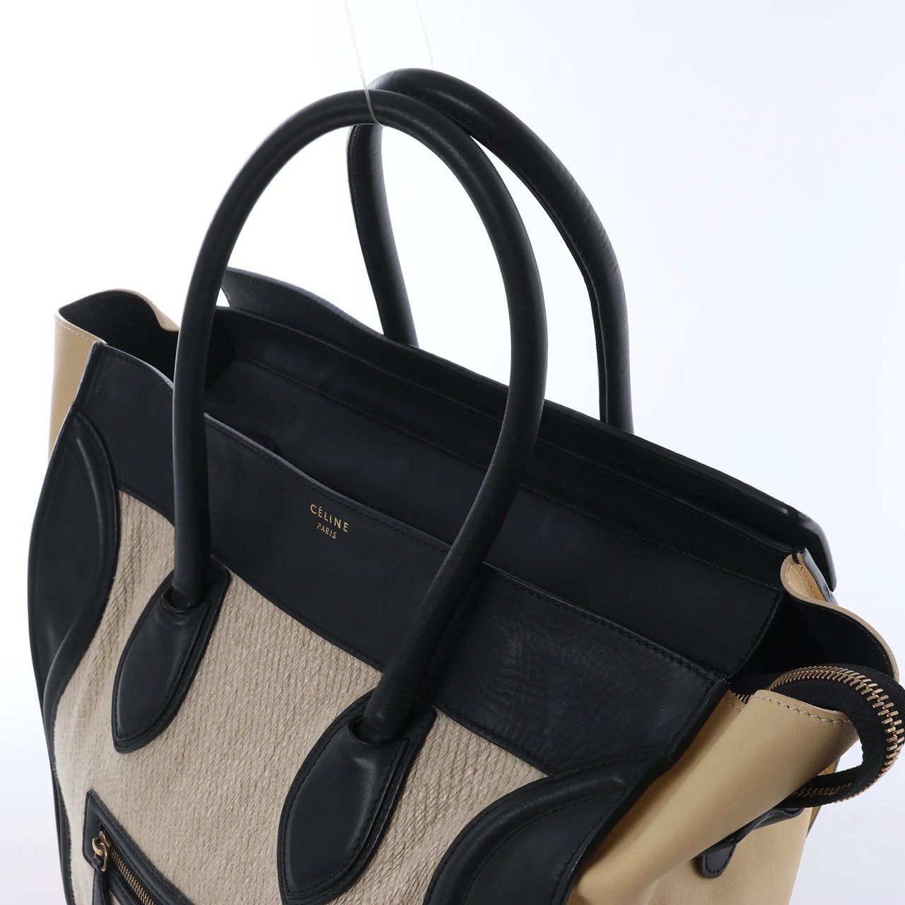 Celine Luggage Large Canvas & Leather Handbag in Beige x Black Beige