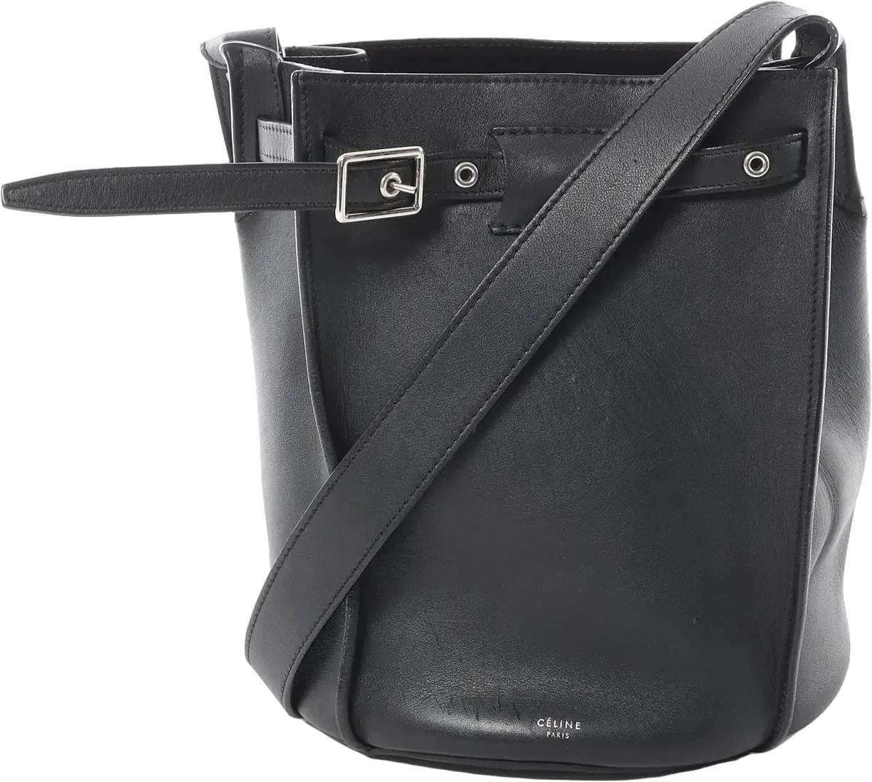 CELINE Big Bag Bucket Leather Shoulder Bag in Black Zwart