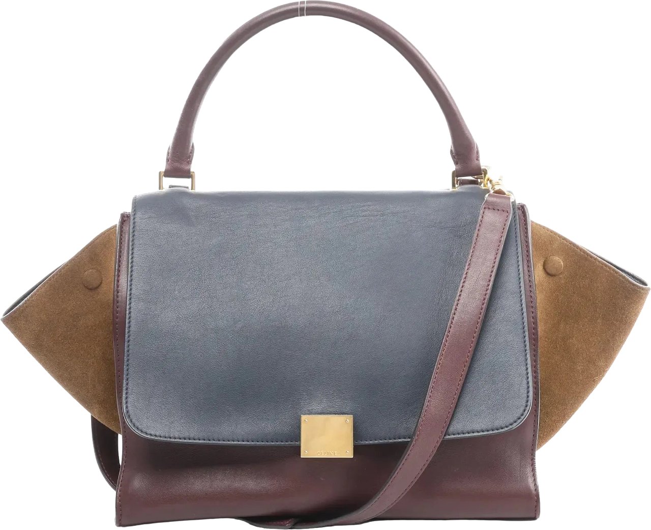 CELINE Trapeze Leather x Suede 2Way Handbag in Navy Blue x Brown x Burgundy Divers