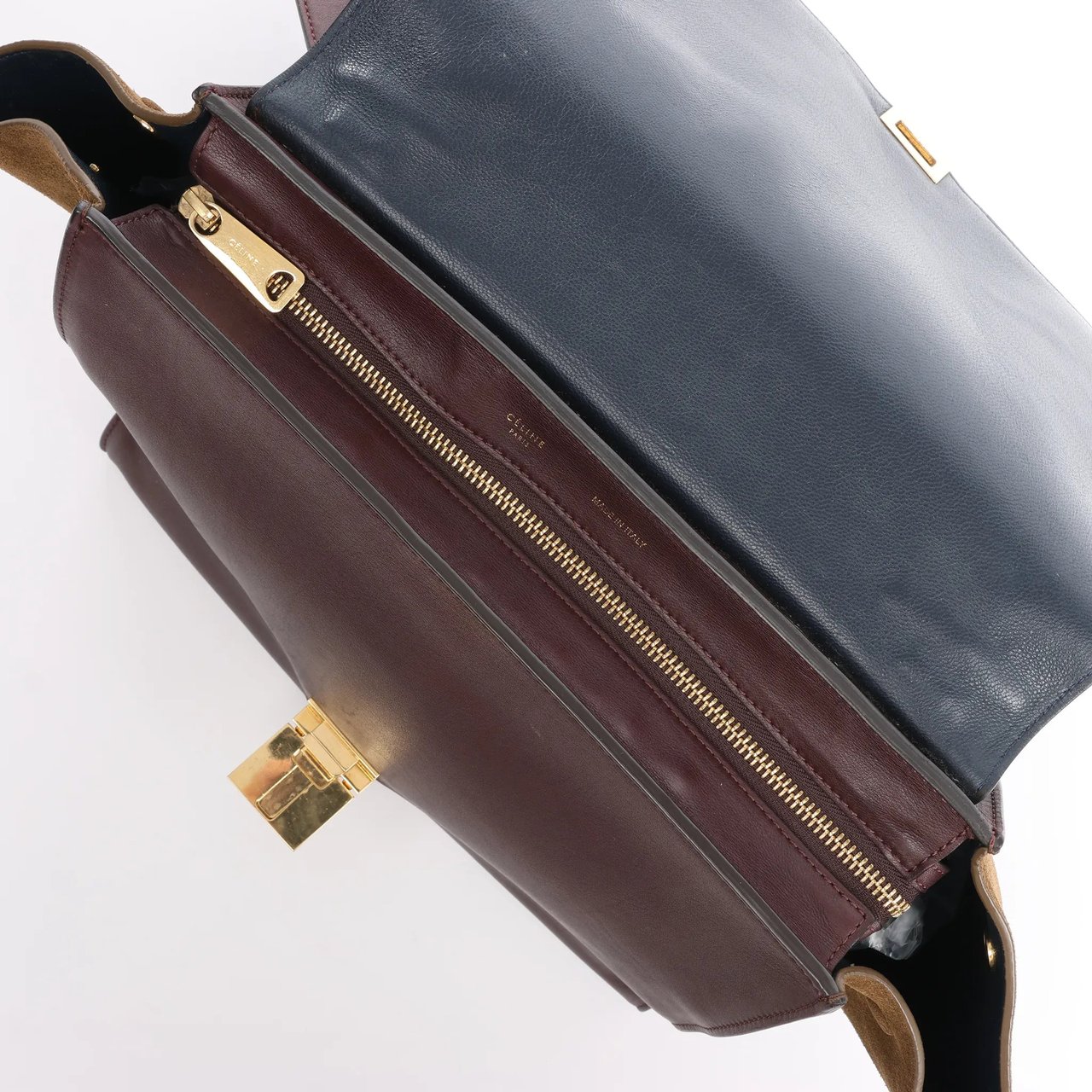 CELINE Trapeze Leather x Suede 2Way Handbag in Navy Blue x Brown x Burgundy Divers