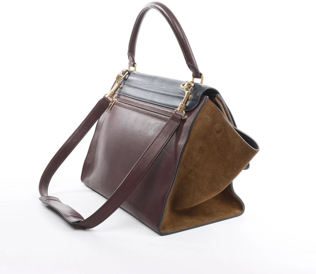 CELINE Trapeze Leather x Suede 2Way Handbag in Navy Blue x Brown x Burgundy Divers