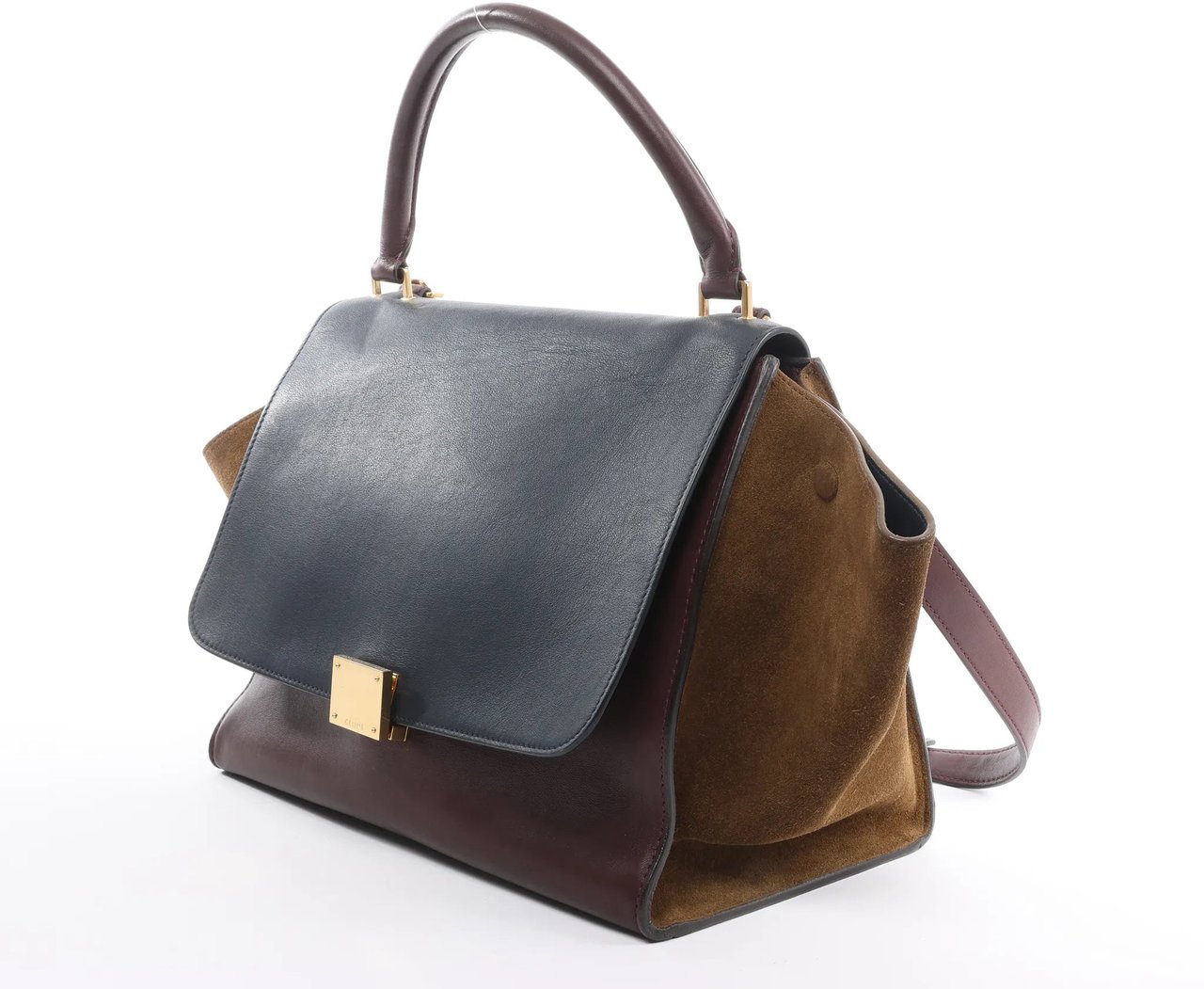 CELINE Trapeze Leather x Suede 2Way Handbag in Navy Blue x Brown x Burgundy Divers