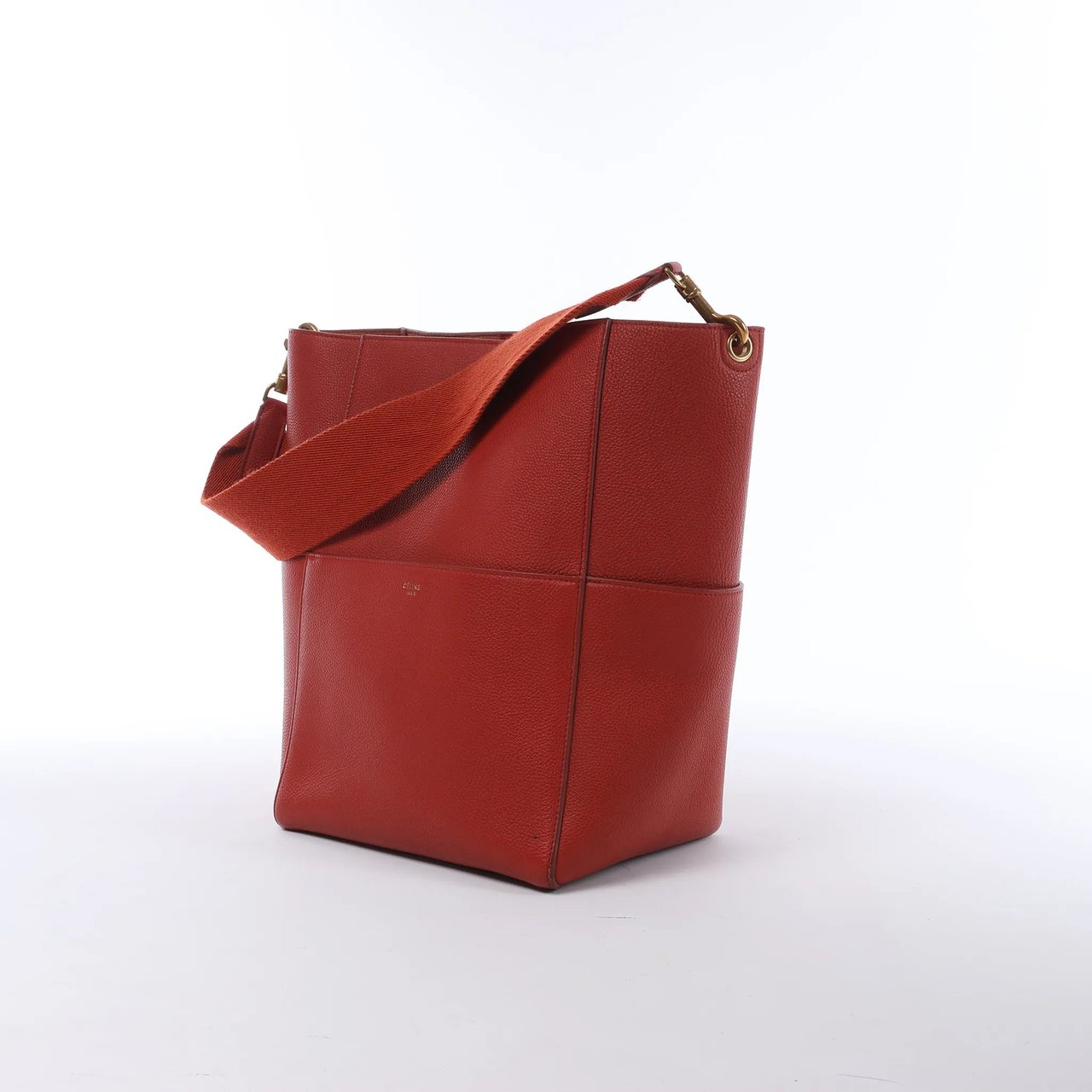CELINE Seau Sangle Bucket Leather Shoulder Bag in Red Divers