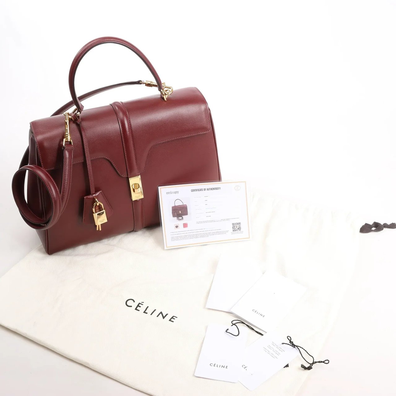 Celine Sac 16 Medium Smooth Leather 2Way Handbag in Burgundy Maroon