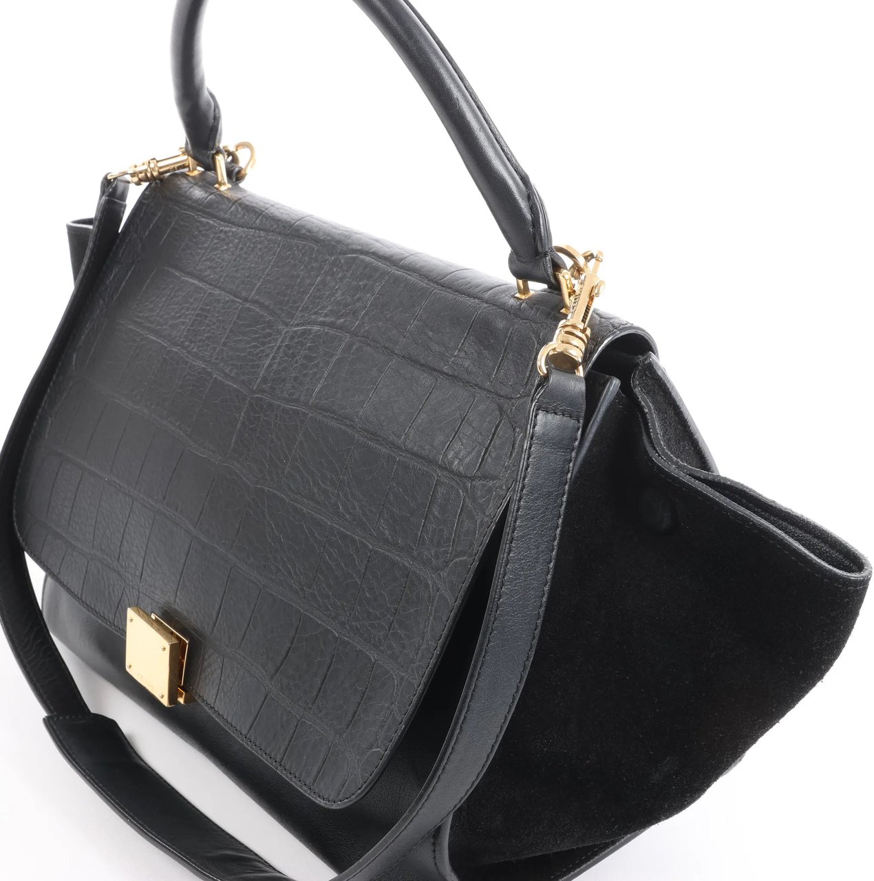 CELINE Trapeze Croc Embossed Leather x Suede 2Way Handbag in Black Zwart