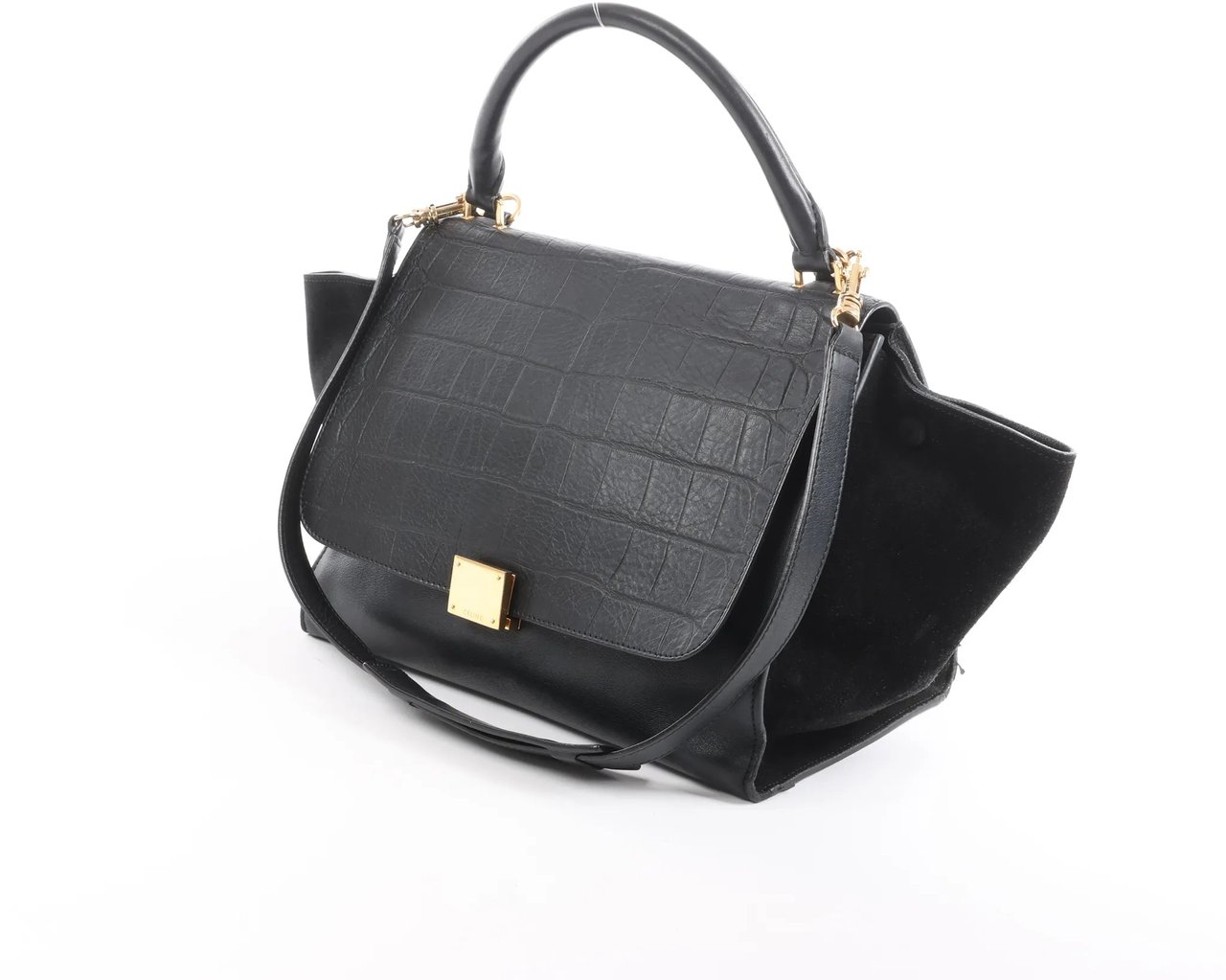 CELINE Trapeze Croc Embossed Leather x Suede 2Way Handbag in Black Zwart