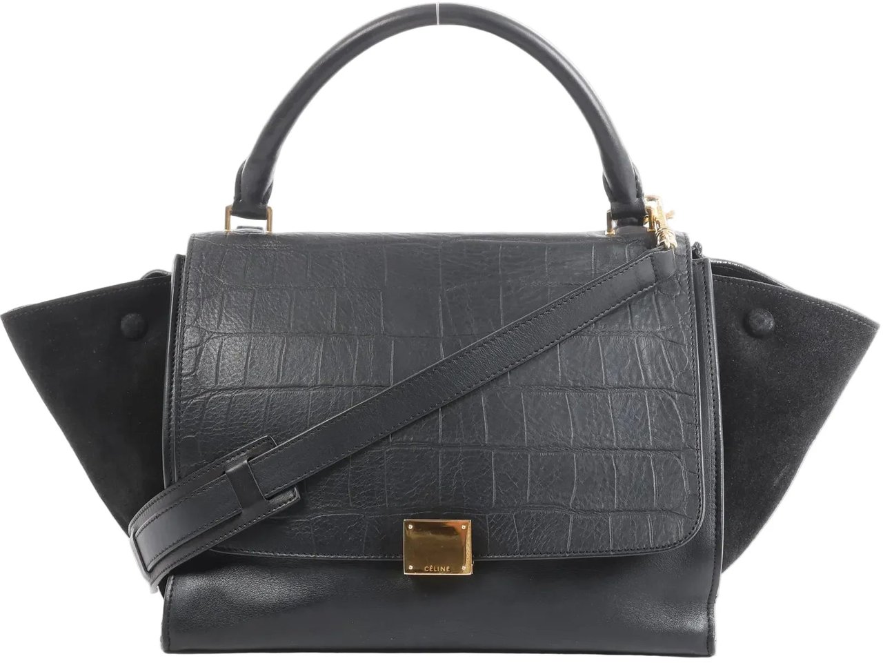 CELINE Trapeze Croc Embossed Leather x Suede 2Way Handbag in Black Zwart