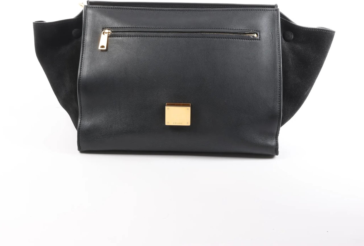 CELINE Trapeze Croc Embossed Leather x Suede 2Way Handbag in Black Zwart