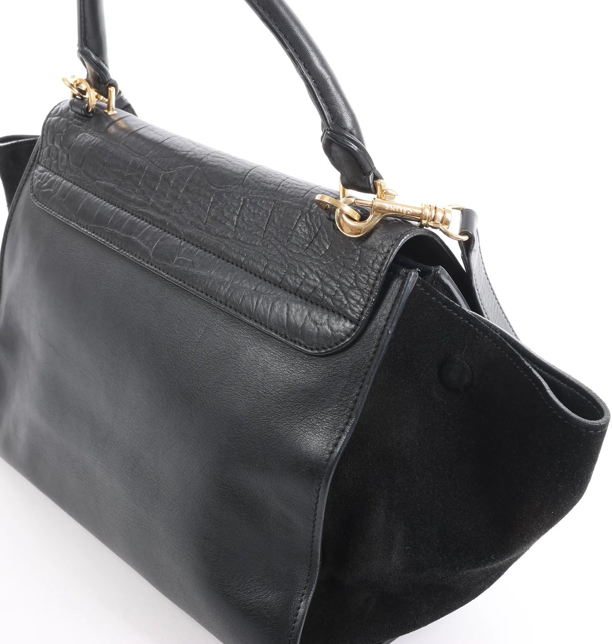 CELINE Trapeze Croc Embossed Leather x Suede 2Way Handbag in Black Zwart