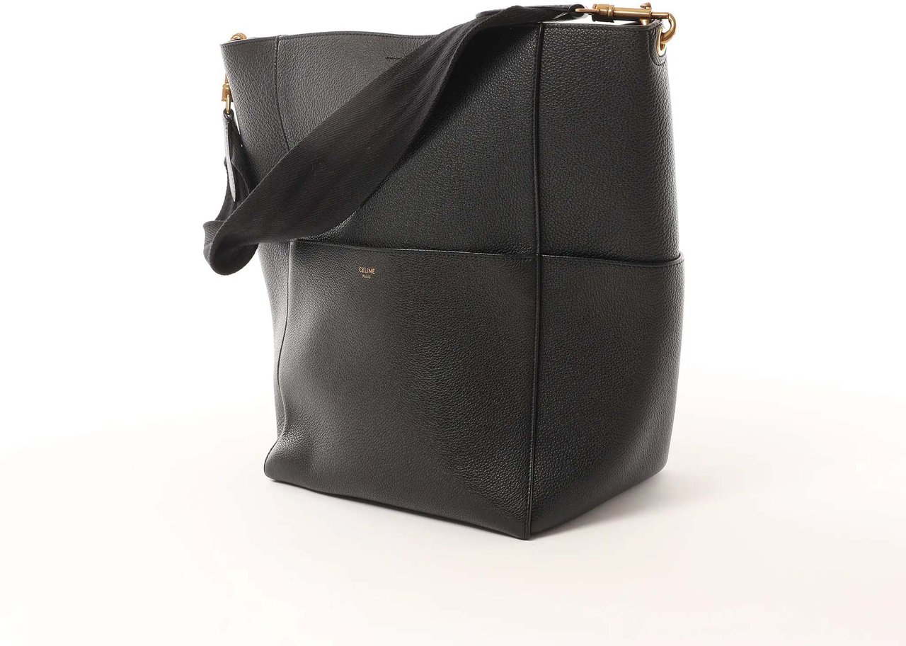 CELINE Seau Sangle Bucket Leather Shoulder Bag in Black Zwart