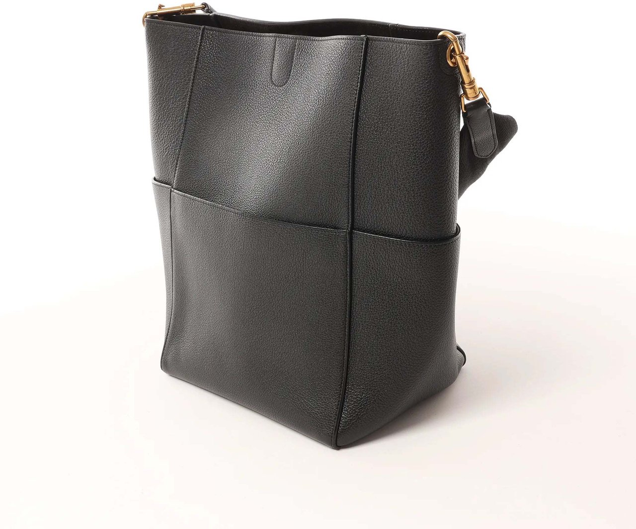 CELINE Seau Sangle Bucket Leather Shoulder Bag in Black Zwart