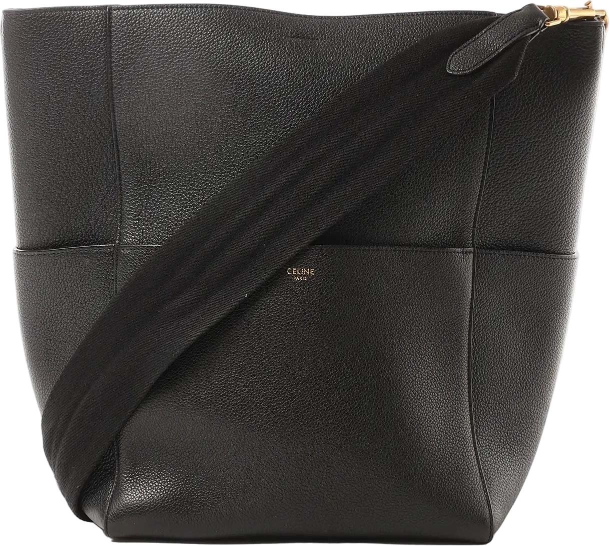CELINE Seau Sangle Bucket Leather Shoulder Bag in Black Zwart