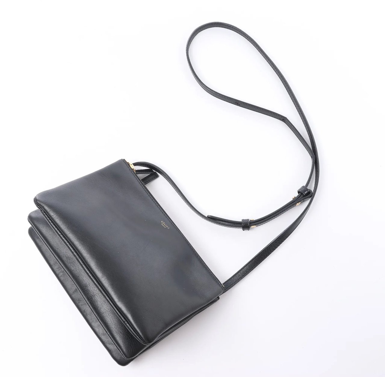 Celine Trio Small Leather Crossbody bag in Black Zwart