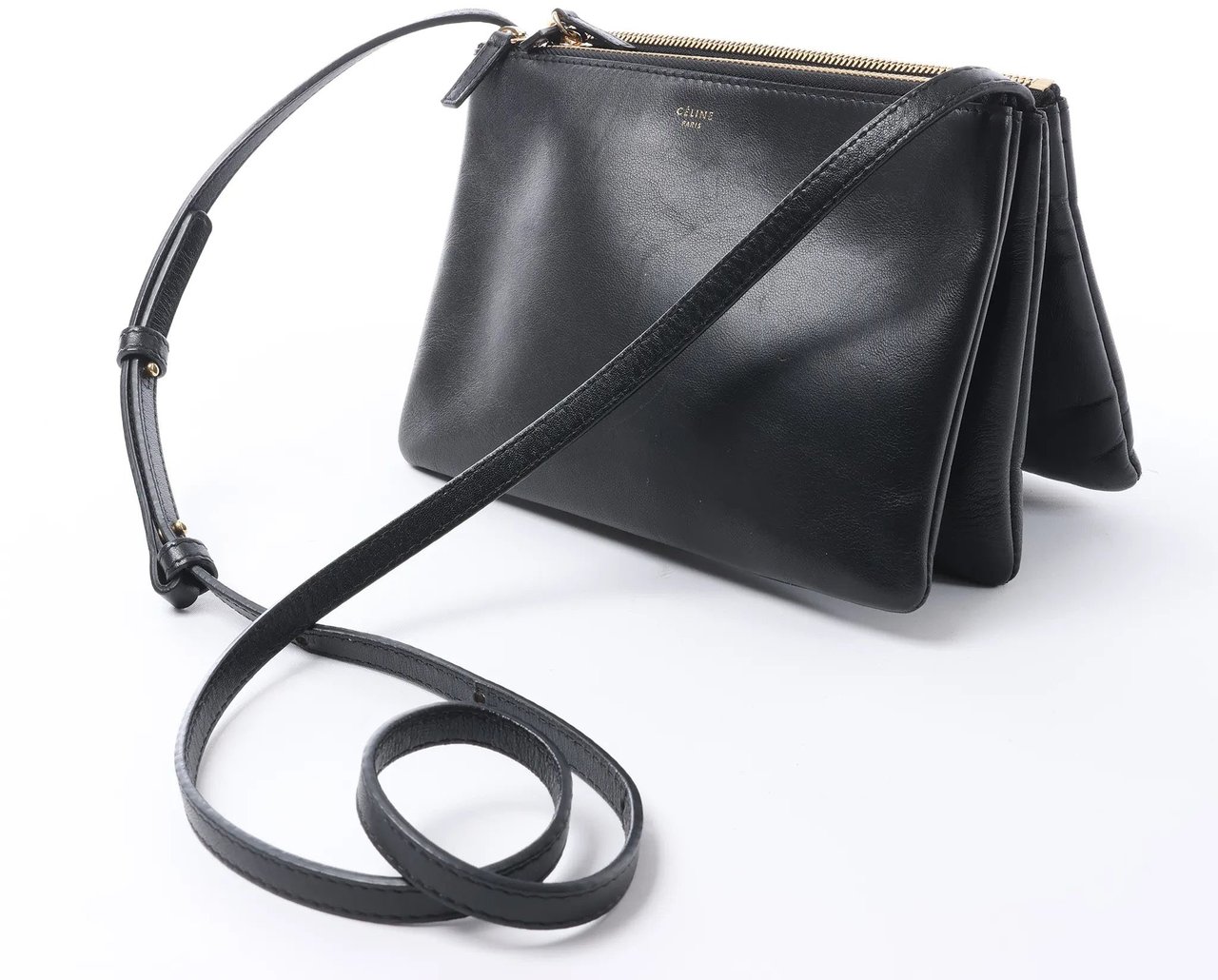 Celine Trio Small Leather Crossbody bag in Black Zwart