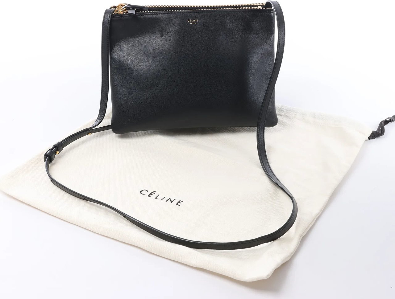 Celine Trio Large Leather Crossbody bag in Black Zwart