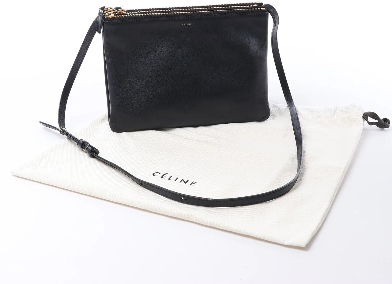 Celine Trio Large Leather Crossbody bag in Black Zwart