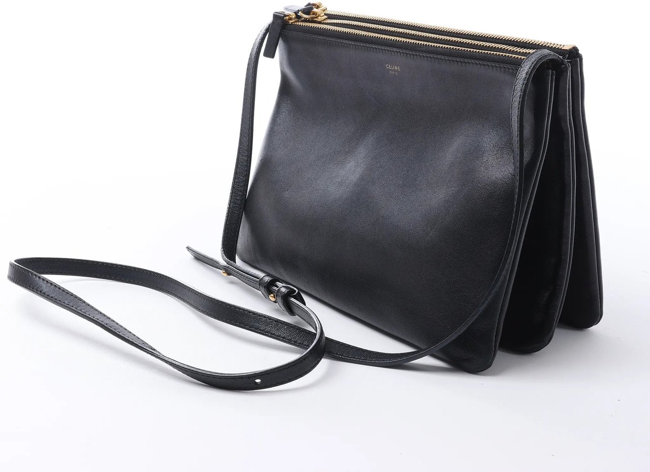 Celine Trio Large Leather Crossbody bag in Black Zwart