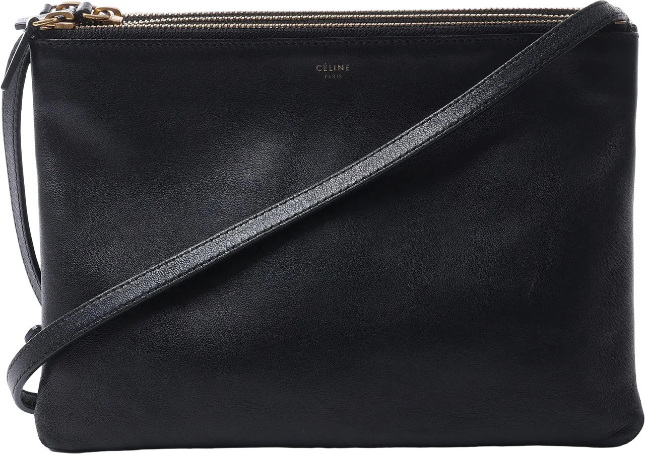 Celine Trio Large Leather Crossbody bag in Black Zwart
