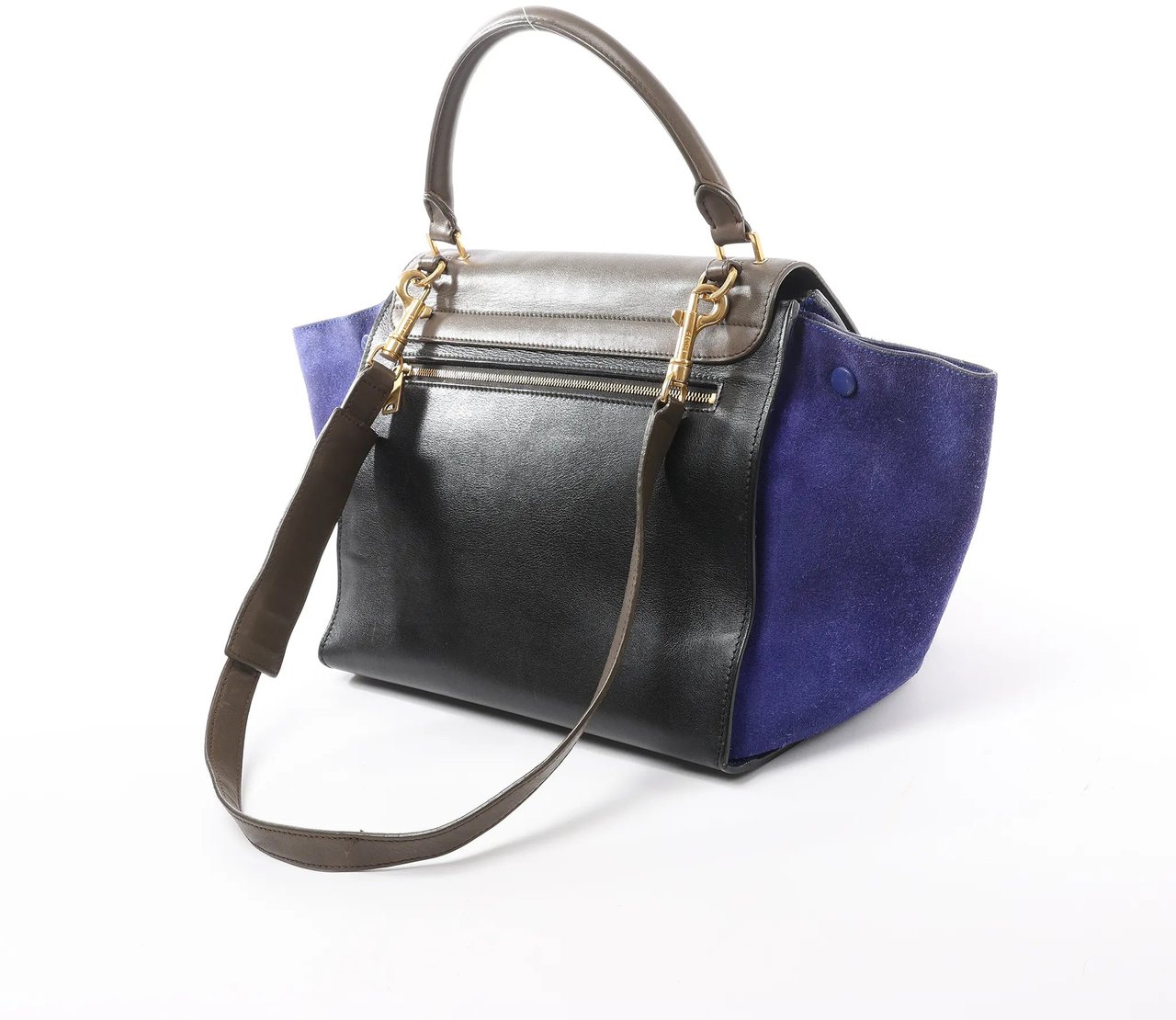 CELINE Trapeze Leather x Suede 2Way Handbag in Brown x Navy Blue x Black Divers