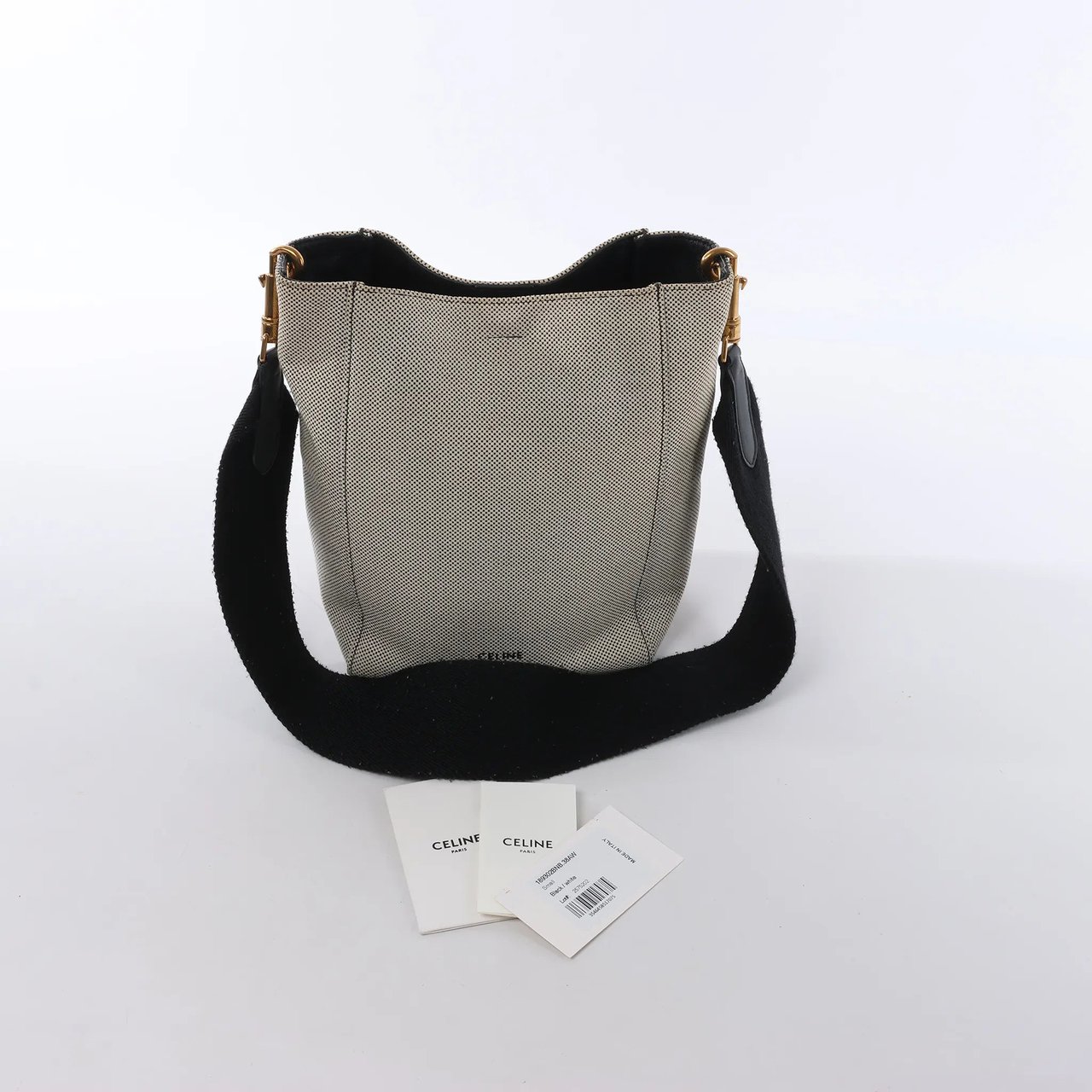 CELINE Seau Sangle Bucket Small Canvas Shoulder bag in Beige x Navy Beige