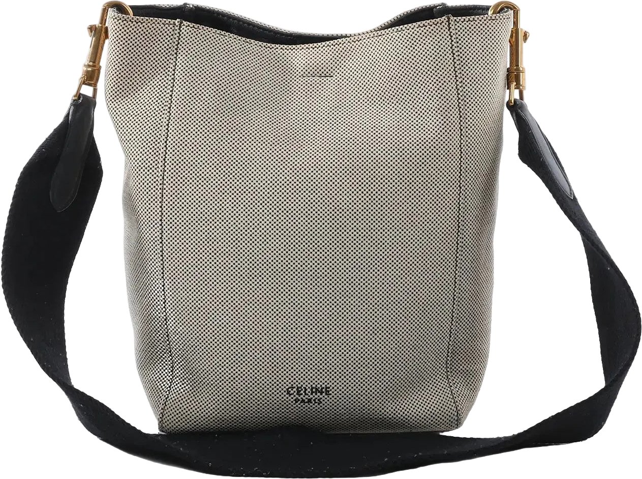 CELINE Seau Sangle Bucket Small Canvas Shoulder bag in Beige x Navy Beige