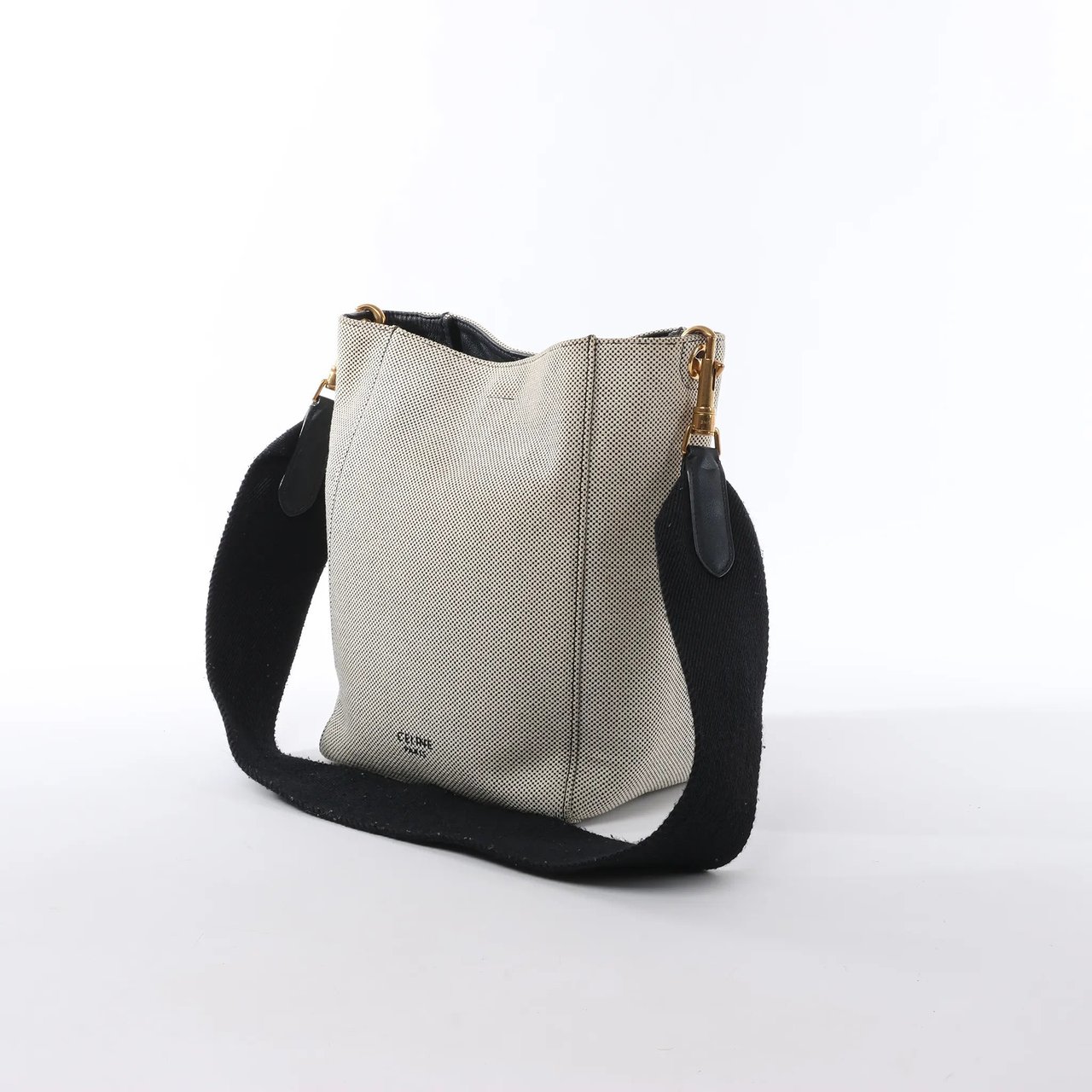 CELINE Seau Sangle Bucket Small Canvas Shoulder bag in Beige x Navy Beige
