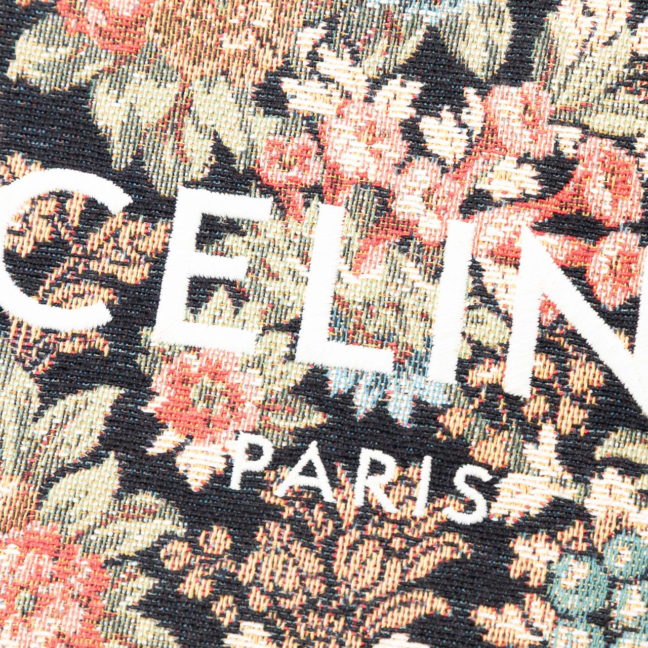 Celine Small Floral Tapestry Jacquard Calfskin Logo Pouch Zwart