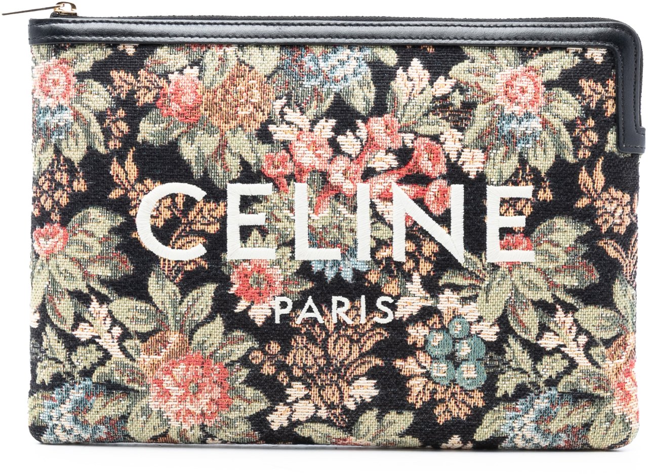 Celine Small Floral Tapestry Jacquard Calfskin Logo Pouch Zwart