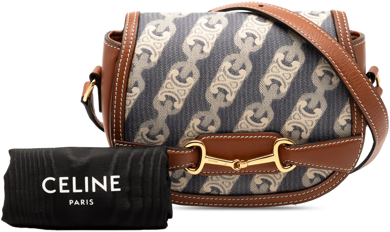Celine Small Maillon Triomphe Jacquard and Calfskin Crecy Crossbody Blauw