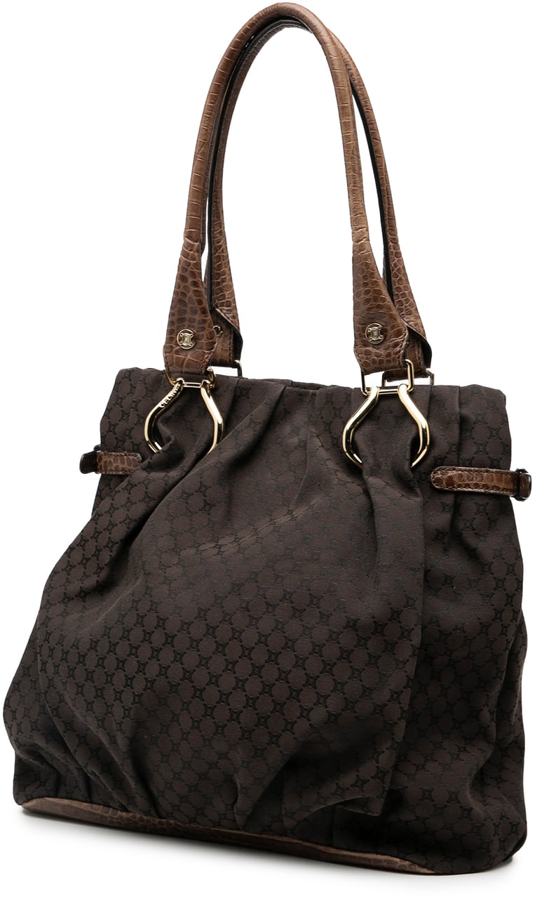 Celine Embossed Leather Trimmed Macadam Canvas Vertical Tote Bruin