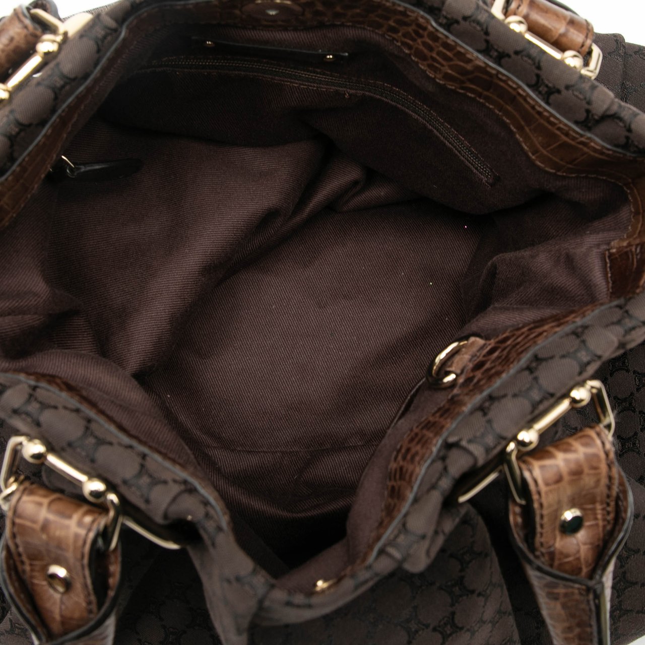 Celine Embossed Leather Trimmed Macadam Canvas Vertical Tote Bruin