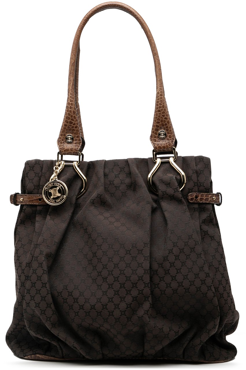 Celine Embossed Leather Trimmed Macadam Canvas Vertical Tote Bruin