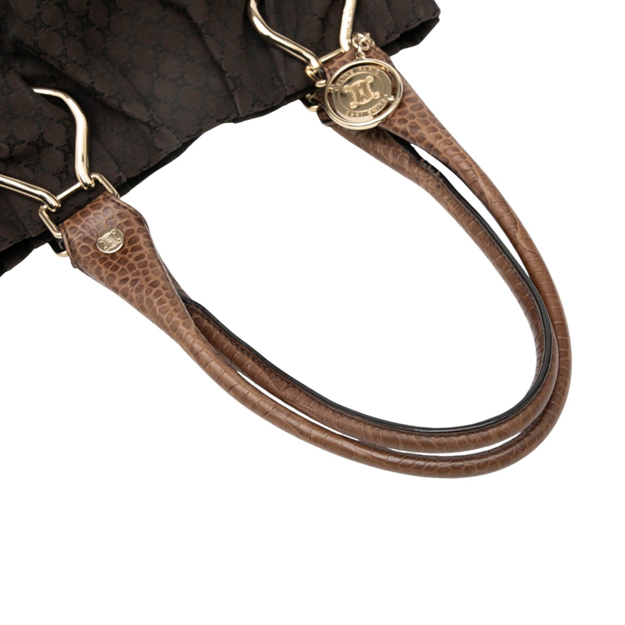 Celine Embossed Leather Trimmed Macadam Canvas Vertical Tote Bruin