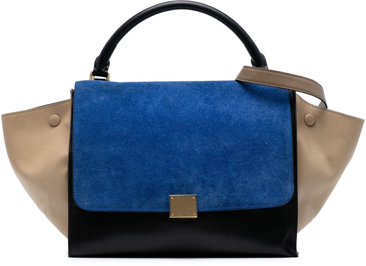 Celine Medium Tricolor Calfskin and Suede Trapeze Satchel Zwart