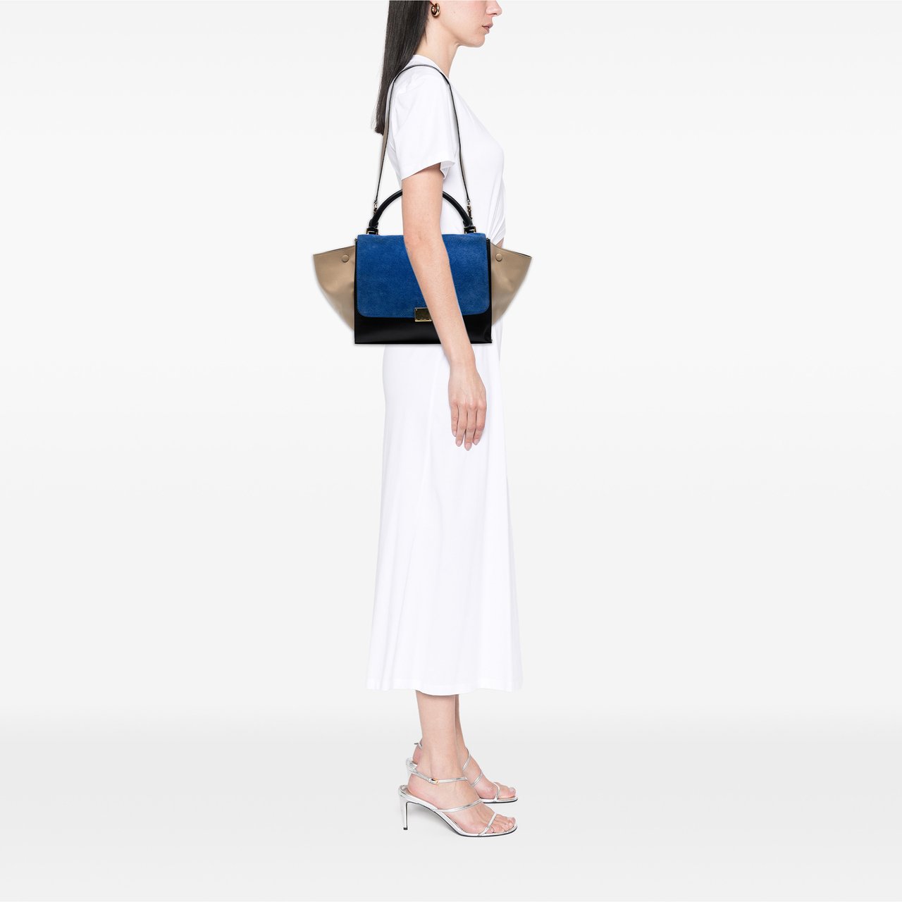 Celine Medium Tricolor Calfskin and Suede Trapeze Satchel Zwart