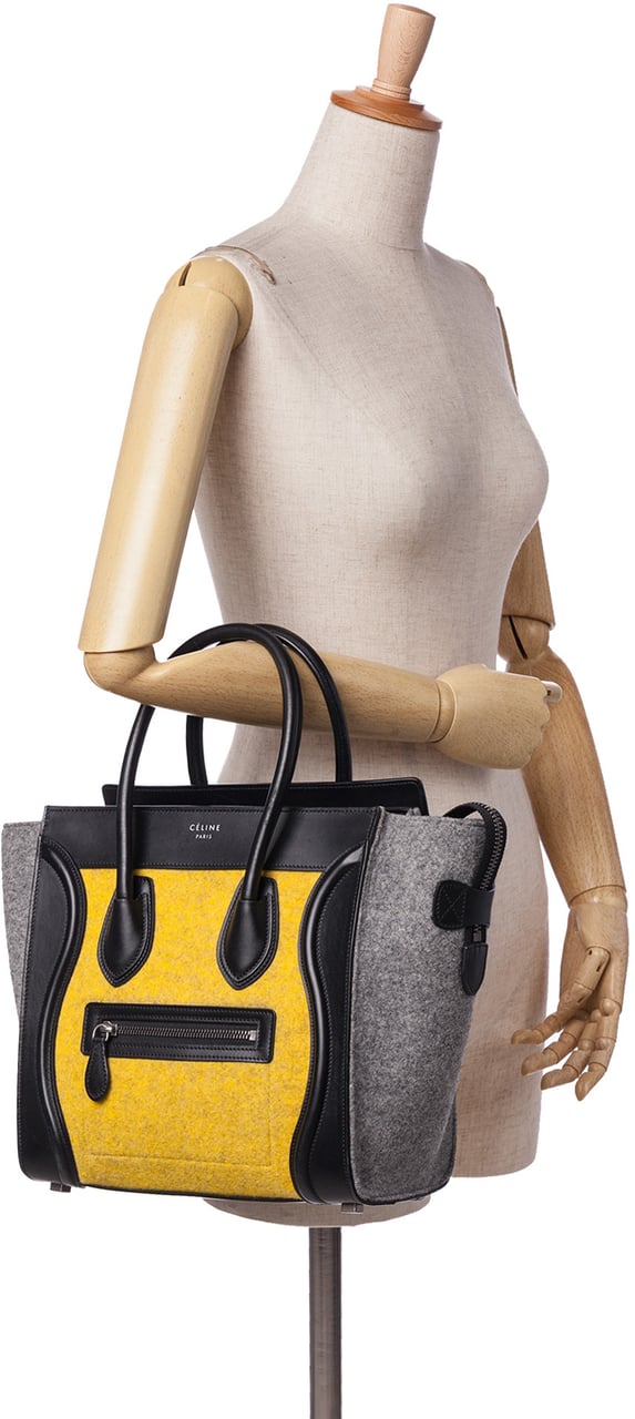 Celine Micro Tricolor Felt Wool and Calfskin Luggage Tote Geel