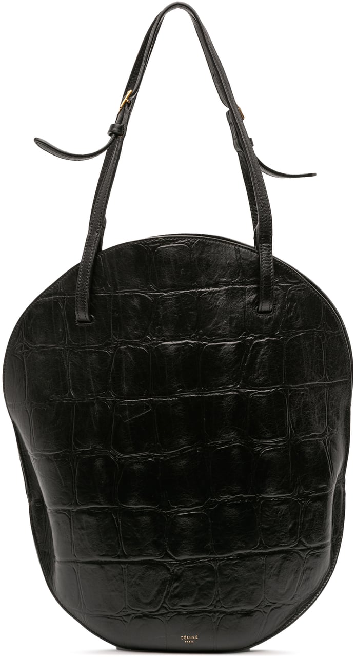 Celine Croc Embossed Leather Curved Shoulder Bag Zwart