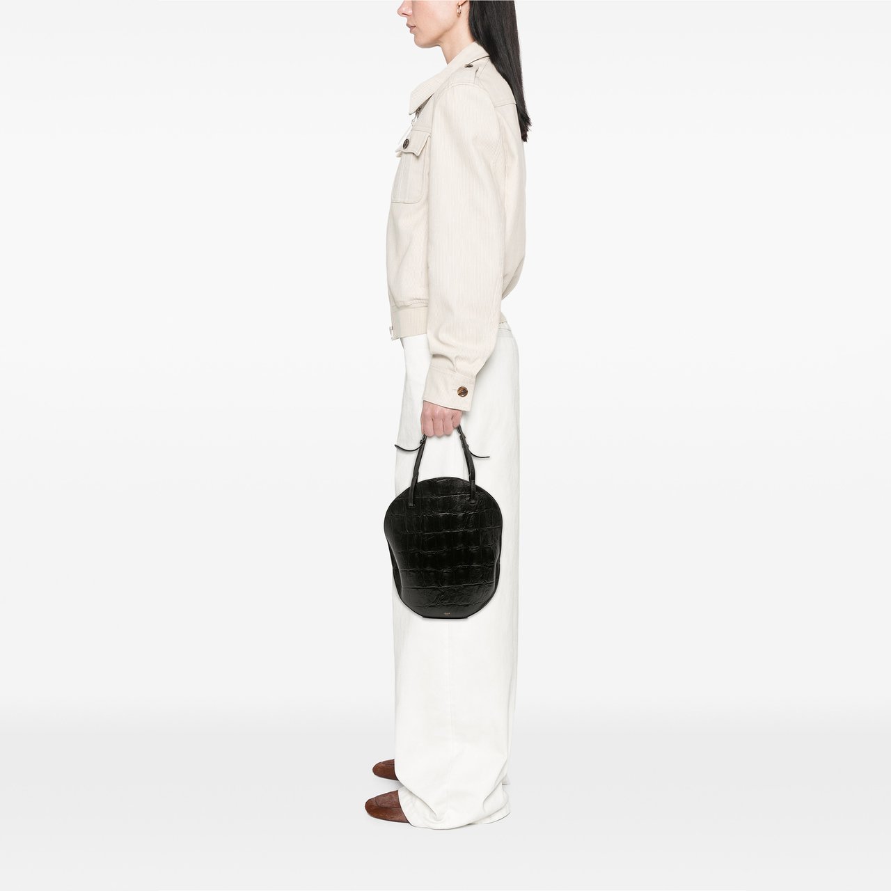 Celine Croc Embossed Leather Curved Shoulder Bag Zwart