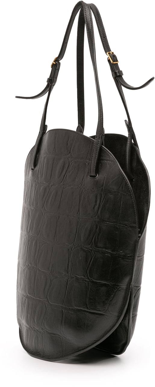 Celine Croc Embossed Leather Curved Shoulder Bag Zwart