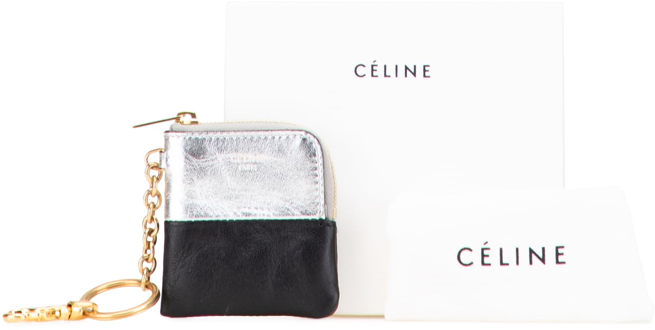 Celine Bicolor Leather Key Ring Coin Pouch Zilver