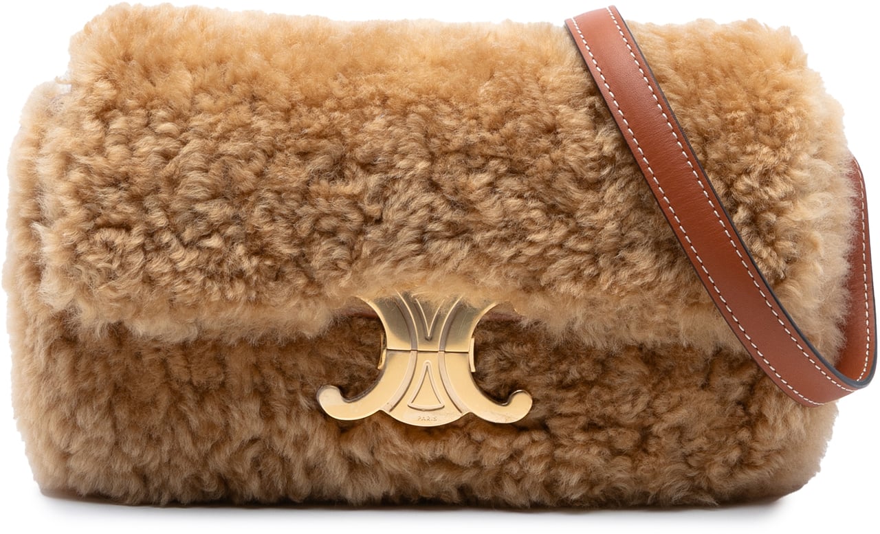 Celine Shearling Triomphe Shoulder Bag Bruin