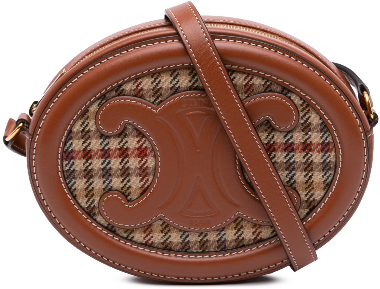 Celine Small Houndstooth Canvas and Calfskin Cuir Triomphe Oval Crossbody Bruin