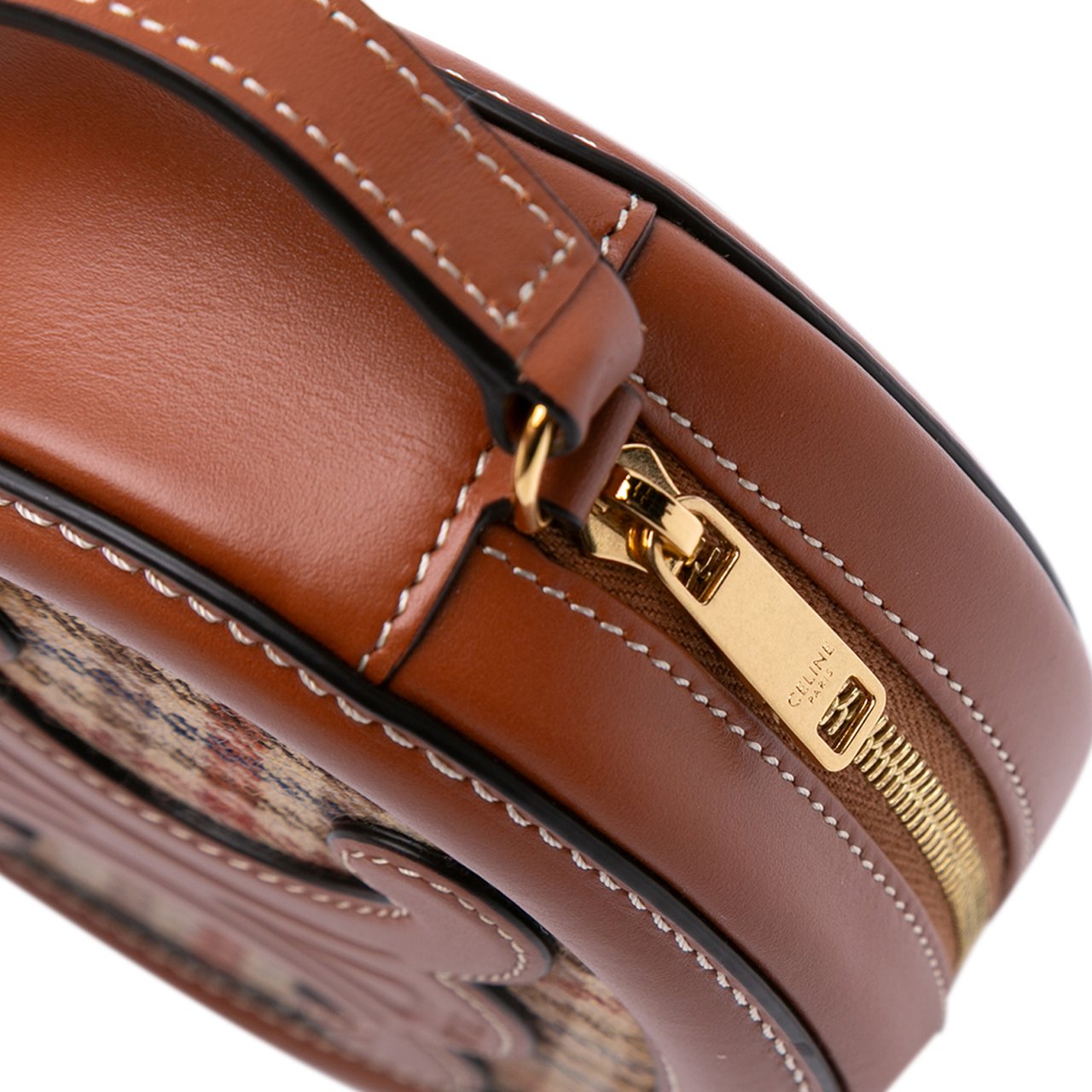 Celine Small Houndstooth Canvas and Calfskin Cuir Triomphe Oval Crossbody Bruin