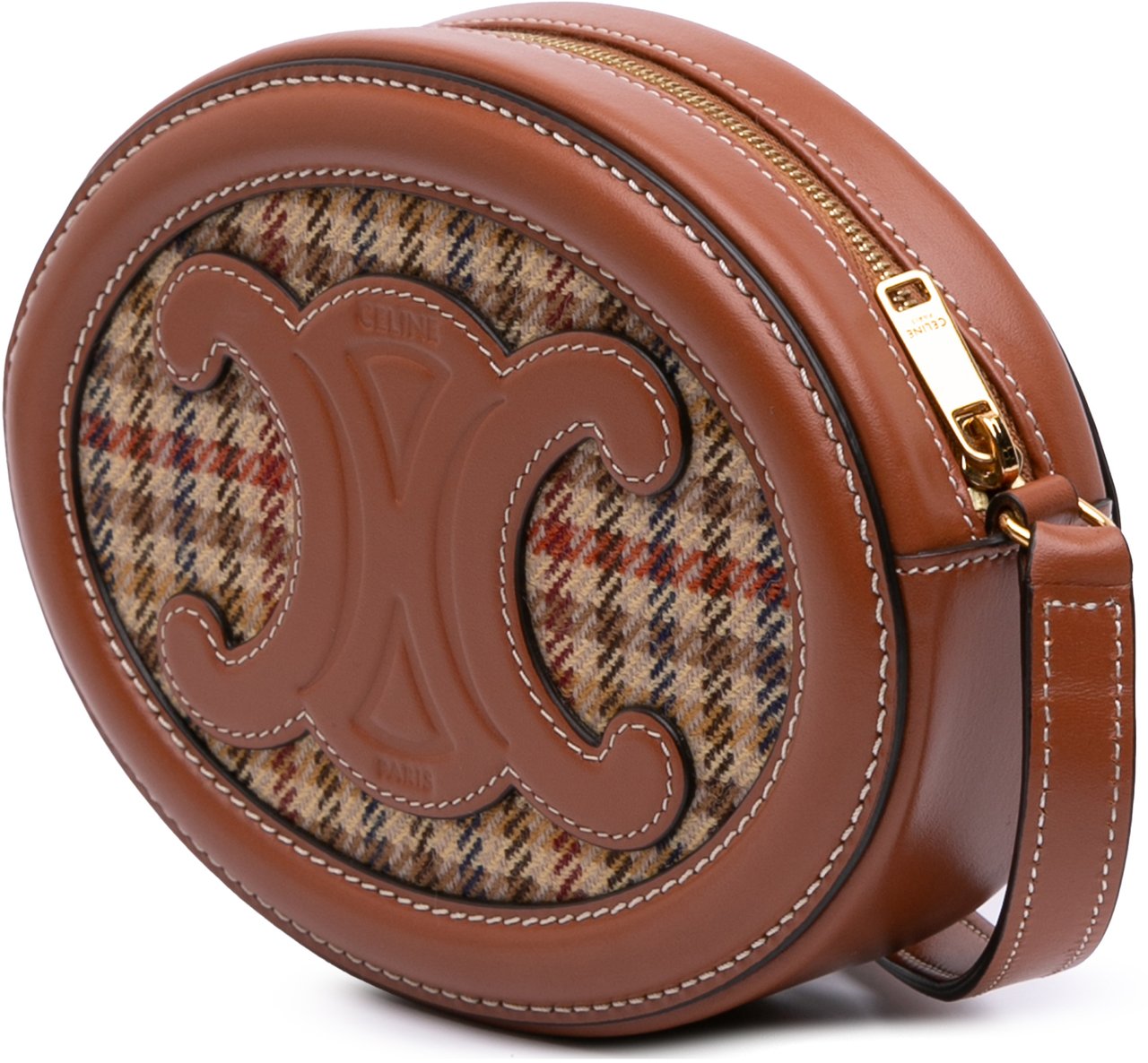 Celine Small Houndstooth Canvas and Calfskin Cuir Triomphe Oval Crossbody Bruin
